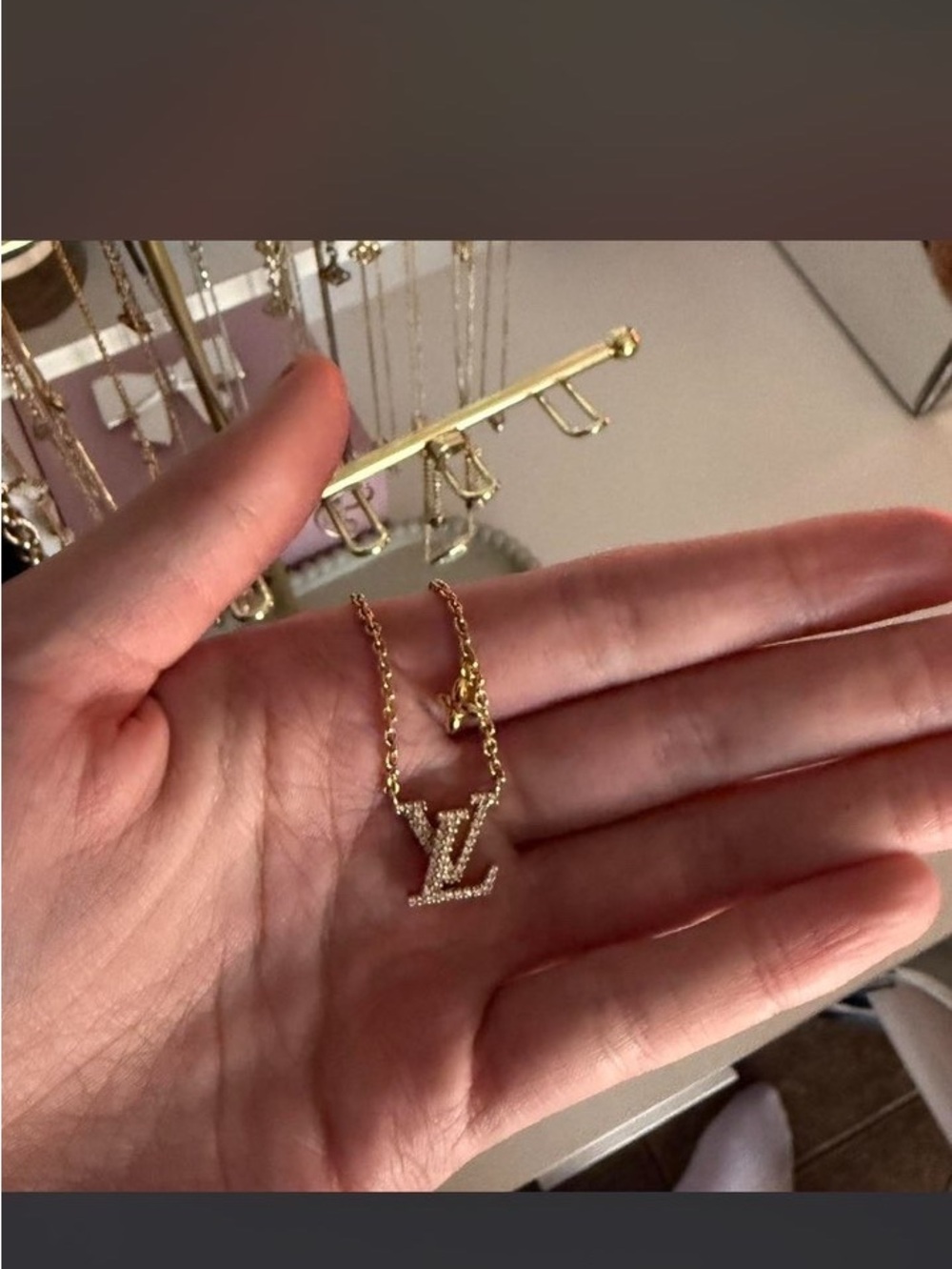 Louis Vuitton Gold Crystal LV Initial Pendant Necklace
